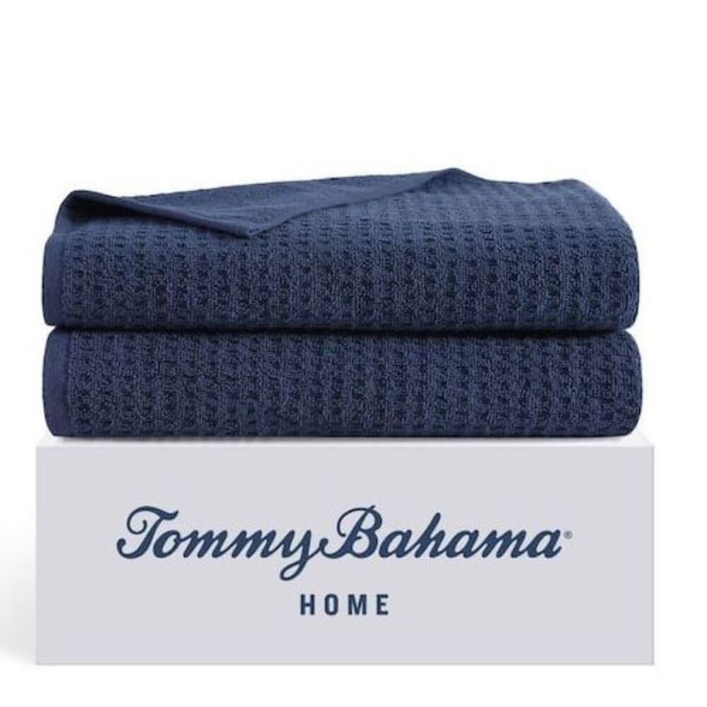 Tommy Bahama Bath Towels Northern Pacific Navy Blue Cotton Textured Set of 2